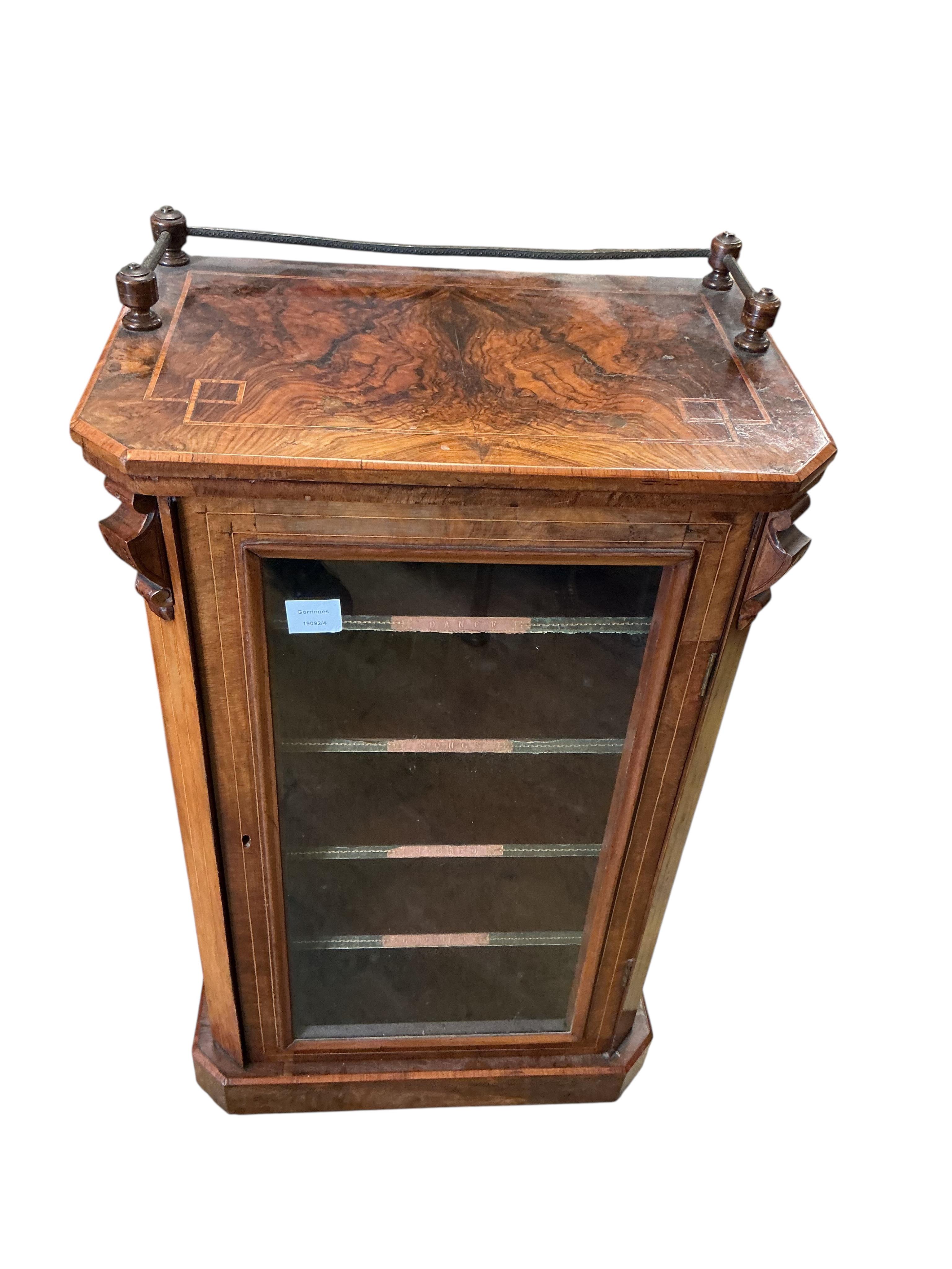 A Victorian banded walnut music cabinet, width 54cm, depth 34cm, height 93cm